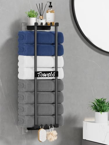 HapiRm Towel Rack Wall Mounted - 6 Hooks with Top Shelf,No Drilling | Stainless Steel for Humid Bathroom,Over Door or Wall Mount, Space-saving for Flats, Holds Bath Sheets, Hand Towels, Washcloth