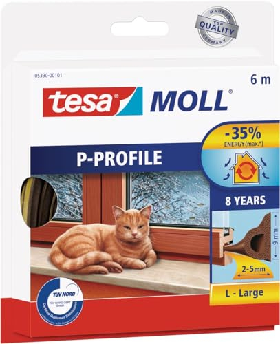 Tesa Moll P-Profile Seal - Gomma Sigillante per L'Isolamento degli Spazi tra Porte e Finestre - Marrone - 6 m x 9 mm x 5,5 mm