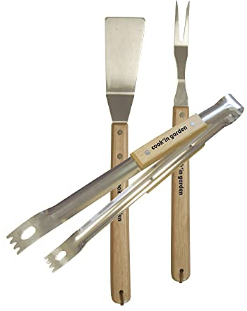 Set 3 Ustensiles Barbecue / Plancha - Manche Bois & Inox - Spatule, Pince, Fourchette - Cook'In Garden