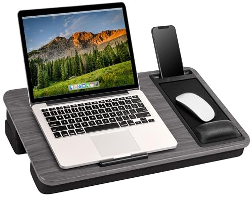 LAPGEAR Extra Large Adjustable Lap Desk with Gel Wrist Rest, Mouse Pad, Phone Holder, Device Ledge, and Booster Cushion - Gray Woodgrain - Fits up to 17.3 Inch Laptops - Style No. 88105
