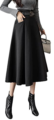 IDEALSANXUN Gonne Midi in Lana da Donna a Vita Alta Una Linea Plissettata con Cintura gonne Autunno Inverno, Nero, S