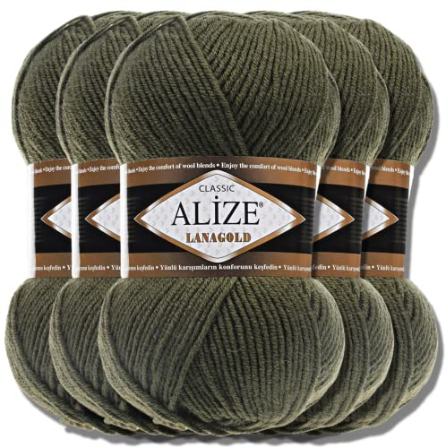 Hobby YARN 3x Etikettenlabel mit Alize Lanagold Wolle Premium 5x100g als Set, Yarn, Garn, Strickgarn, Einfarbig, Baby, zum Häkeln, Stricken, Kleidung, Schals (Khaki - 29)