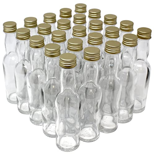 Aromhuset 25 x 40 ml tomma glasflaskor med whiskyhals kristallklar med guldfärgat skruvlock | transparent | för fyllning med alkohollikörer, slev, kryddor och dekoration