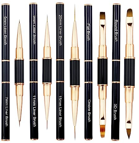 Set di 5 pennelli professionali per nail art, a doppia punta, per polvere acrilica, linee sottili, per smalto gel fai da te (nero e oro)