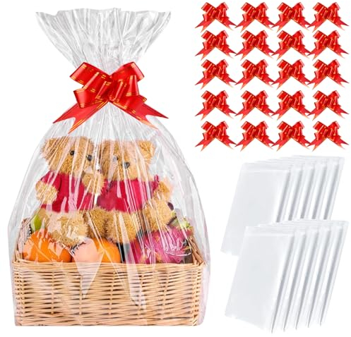 20 Stück Klares Cellophan Geschenkfolie, Durchsichtiges Geschenkpapier 70x100cm, Große Geschenkfolie Transparent mit 20 Schleifen, Cellophan Geschenktüten für Weihnachtskörbe Geschenkkorb Obstkörbe