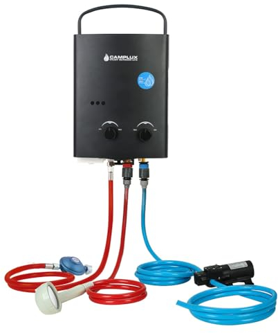 CAMPLUX AY132BP43-DE 5 Liter Gasdurchlauferhitzer mit 4,3L Wasserpumpe, Tankloser LPG Wassererhitzer mit Klappbarem Griff, für Camping Dusche/RV Reise/Waschen Pferd, Schwarz, 50mbar