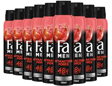 Fa Men Deodorant & Bodyspray Attraction Force (9x 150 ml), Deospray mit verführerischem Duft, ohne Aluminium für bis zu 48 h Schutz, hinterlässt keine Rückstände