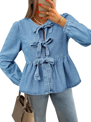 Tankaneo Womens Denim Tie Front Tops Babydoll Peplum Cute Blouse Puff Long Sleeve Going Out Jean Shirts