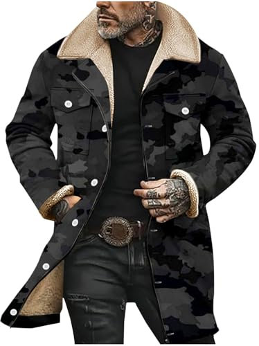 Generisch Men's Spring and Autumn Winter 3D Printing Casual Loose Large Size Long Plus Velvet Warm Button Hidden Zipper Camouflage Coat Cotton Jacket Fahrrad Mantel 26 (Black, XXXXL)