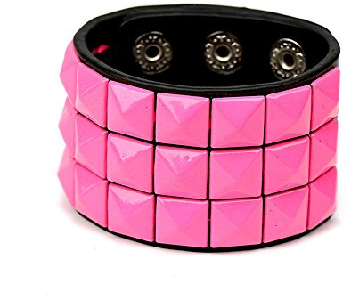 Towefuur Color 3 Row Pyramid Stud Wristband Party Accessories Punk Faux Vagen Leather studded bracelet Christmas Gift for Women Men (PINK)