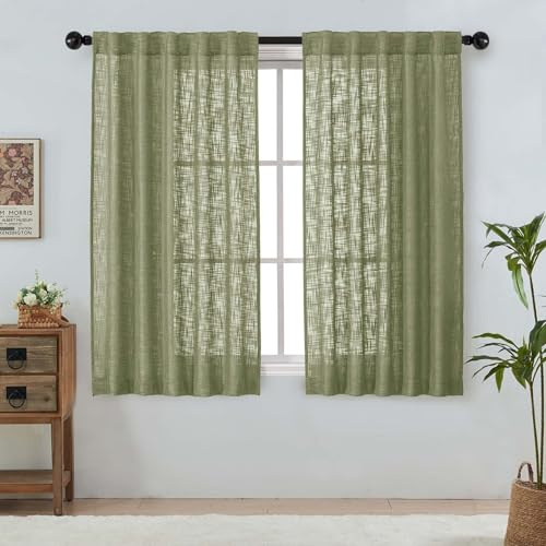 OWENIE Sage Green Faux Linen Curtains for Bedroom Living Room 63 Inch Length 2 Panels Set, Light Filtering Thick Faux Linen Textured Dining Room Curtains Drapes, Modern Back Tab Top, 42 W x 63 L