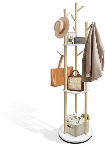 SUNDOY Perchero giratorio de madera maciza, 3 estantes y 9 ganchos, estable y fácil de montar, para pasillo y dormitorio, 165 × 41 × 41 cm, para sombreros, bufandas y bolsos (perchero giratorio)