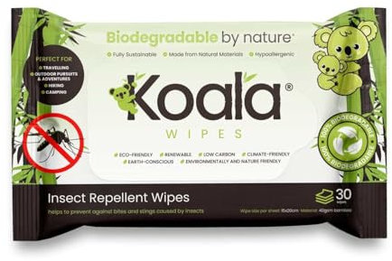 Koala Wipes - Insect Repellent Wipes - 30 Pack - Biodegradable Wipes to Discourage Insect Bites and Stings - Perfect for Hiking, Camping, Travelling and Other Outdoor Adventures - 15x20cm