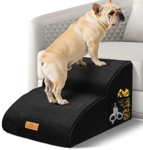 Thihome Dog Steps for Bed, 2-Steps Non-Slip Pet Stairs for Small Dogs & Cats, Old Injured Pets Friendly, High Density Foam Dog Ramp with Waterproof Cover, 55 x 40 x 30 cm, Black