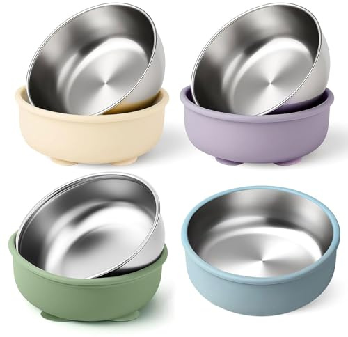 4 piatti in acciaio inox per bambini, piatti in acciaio inox, 2 in 1, anti-scottatura, ciotole con ventosa, con manicotto in silicone rimovibile, per introduzione di complementi senza BPA