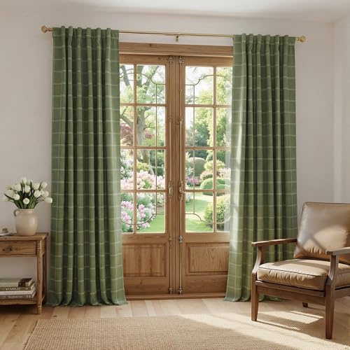 NICETOWN Buffalo Check Plaid 100% Blackout Curtains 96 Inches Long for Bedroom, Living Room Thermal Insulated Room Darkening Rod Pocket Back Tab Drapes, Olive Green, 52 W x 96 L, 2 Panels