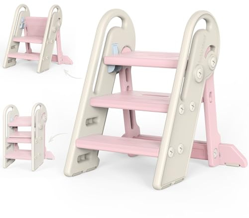 Onasti Foldable Step Stool for Kids & Toddlers, 3 Step Convertible to 2 Step with Handles, Training Stool for Bathroom Sink & Kitchen Counter, Non-Slip Stable Step Stool for Growing Children- Pink