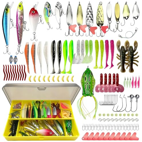 Angelköder Set mit - Professionelles Angelzubehör mit Köderbox, Inkl. Gummifische, Spinner Angeln, Hecht Köder & Forellenköder für Süß- Ideal als Angelset für Anfänger und Experten(131)