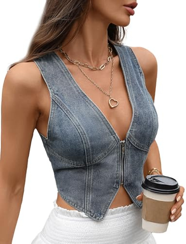 FEOYA Women's Denim Vest Vintage Croppped Waistcoat V-Neck Back Slit Jean Gilet with Front Zip Slim Vest