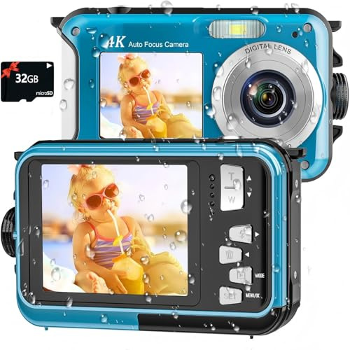 4K Underwater Camera 16FT Waterproof Camera with 32GB Card 64MP Autofocus Dual-Screen Selfie Underwater Camera for Snorkeling Waterproof Compact Floatable Digital Camera 1250mAh Battery Type-C