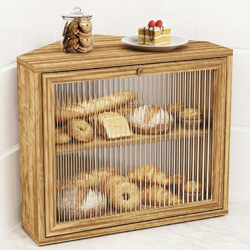 Emfogoo 2 Niveles Panera Madera, Paneras para Guardar el Pan con Panel de Puerta Acrílico Ondulado, Ahorra Espacio, Gran Paneras de Mesa, Panera de Esquina para Encimera de Cocina y en los Armarios