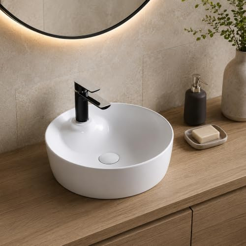 Art-of-Baan® keramiskt toppmonterat tvättställ I tvättställ med lotuseffekt I handtvättställ i vitt I DIN kranhål & DIN avlopp I modernt tvättfat I toppmonterat tvättställ runt I 435 x 435 x 130 mm