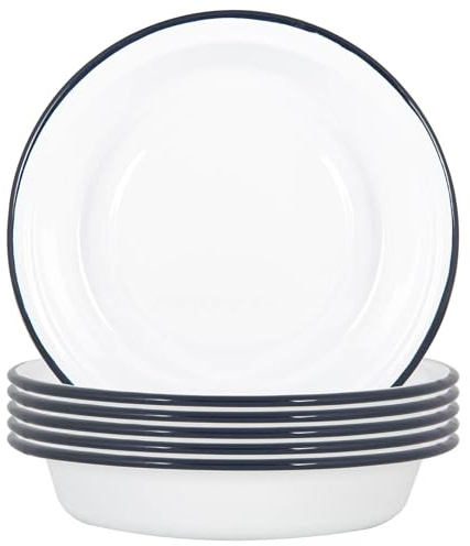 Argon Tableware White Deep Bowls - 22.5cm - Pack of 6 - Navy Salad Bowls Metal Enamel Cereal Bowls Lightweight Camping Serving Bowls for Snacks, Pasta, Cereal, Salad