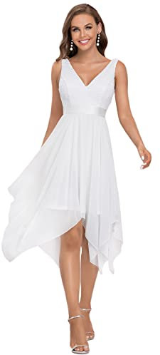Ever-Pretty Vestidos de Novia de Boda para Mujer Corte Imperio Escote en V A-línea con Encaje Gasa Vestido de Noche Blanco 44
