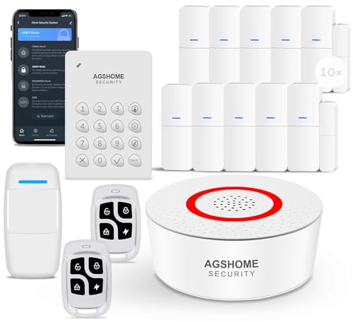AGSHOME Allarme Casa Senza Fili 15 Pezzi, Sistema Allarme Casa Fai da Te con Wi-Fi & Notifiche App, Include Sirena, 10 Sensori, 2 Telecomandi, 1 Sensore di Movimento, 1 Tastiera, Compatibile con Alexa