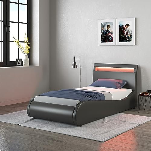SlumberWorx ORION FAUX LEATHER LED LIGHTS HEADBOARD BED FRAME - SINGLE, SMALL DOUBLE, DOUBLE IN BLACK/WHITE (Black, Single)