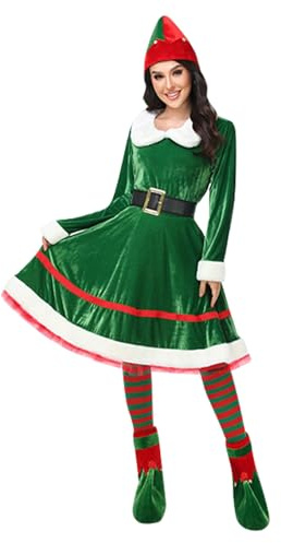 Xeadoffubio Robe de Noël 2 Pièces pour Femme - Costume d'Elfe avec Robe en Velours et Ceinture - Tenue de Lutin pour Fête
