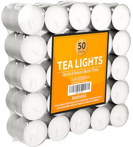Ledivion Tea Lights Candles 8 Hour Long Burning Tealight Candles Unscented White 50 Pack
