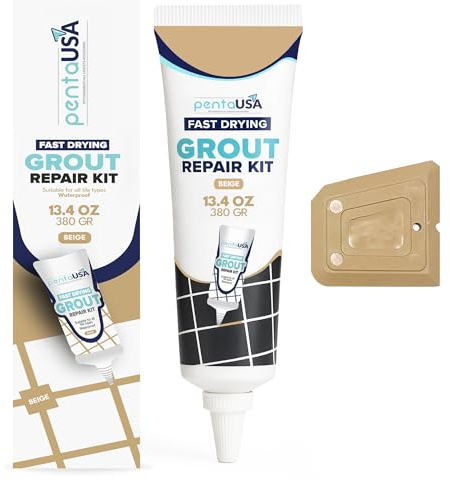 PentaUSA Tile Grout Repair Kit - Warm Beige Premixed Acrylic Sanded Grout, Waterproof Grout Filler for Bathroom & Shower, Fast Drying, Covers ~44 Sq Ft, with Applicator, 13.4 oz (380g)