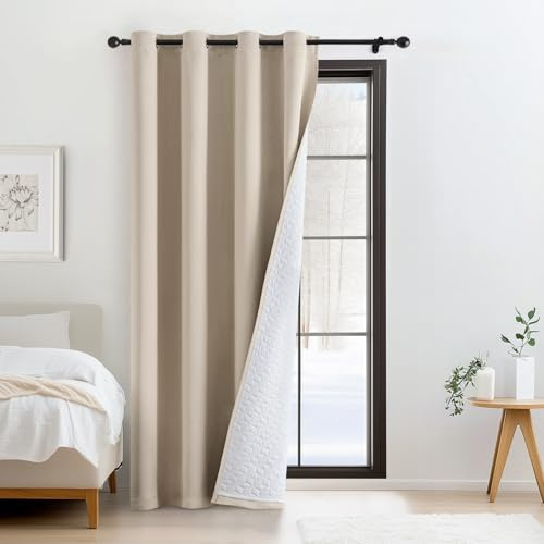 Woaboy Rideaux Occultant Thermiques Isolant Anti Froid et Chaleur Rideau Hiver de Porte Interieur Rideau Salon Fenetre Extensible Lot de 1, 132x215cm Beige Clair