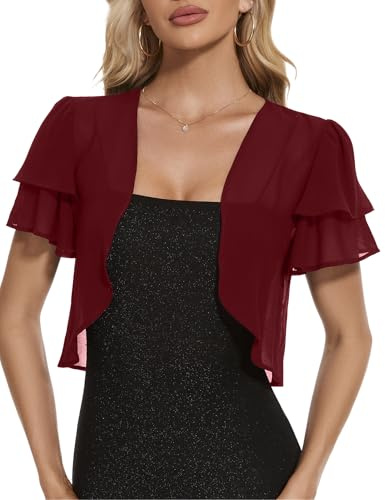 HANERDUN Donna Chiffon Bolero Estate Elegante Manica 3/4 Shrug Festa Giacca Bolero Fronte Aperta Cardigan Spalla Leggera per Abiti da Sposa Bordeaux