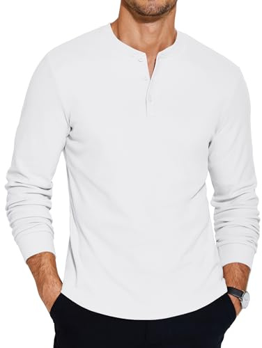 COOFANDY Henley Shirts Long Sleeve Men Grandad T-Shirt Casual Mens Button Tops Basic Winter for Men White S