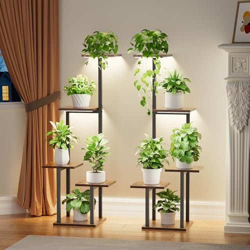 POZILAN Pflanzenregal mit Wachstumslicht - 5 Ebenen Blumenregal Metall Holz Pflanzenständer - Innen & Außen Blumentreppe - Dekoratives Schwarz Blumenständer für Indoor Garten Balkon 2 STÜCK