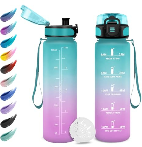 KollyKolla Borraccia 500ml, Borraccia Sportiva con Filtro, Facile Pulizia, a Prova di Perdite, Bottiglia Acqua Motivazionale con Indicatore del Tempo, Borraccia per Ufficio, Scuola, Gym