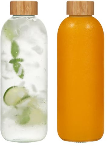 LIMILI Glass Bottles With Bamboo Lids, 2Pcs 1000ML Water Bottles, Leak Proof Reusable Drinking Bottles for Hot Cold Drinks, Work, Gym, Home (1000ml - 2pcs)