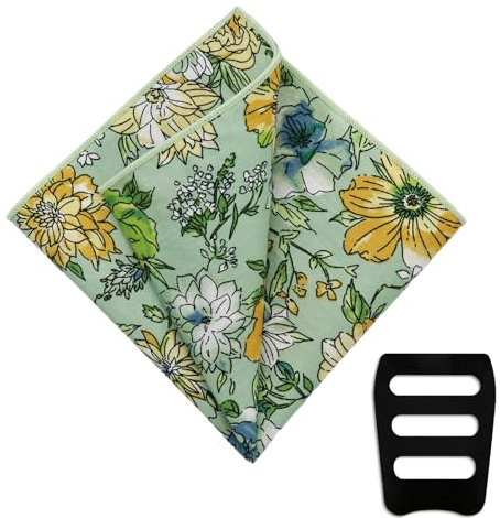 Luckyvestir Pocket Squares for Men Floral Suit Handkerchief with Pocket Square Holder for Jacket Wedding Party (Green,light yellow,white,blue)