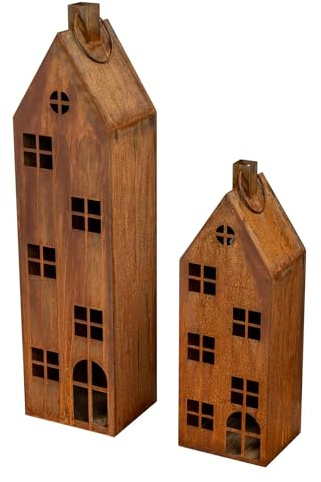 Uppsättning av 2 lyktor hus H 65–95 cm metall rost dekoration lykta shabby chic vintage ljus ljusstake ljusdekoration