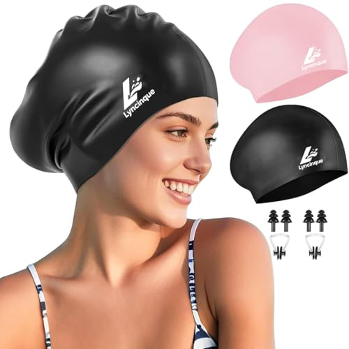 Cuffia da nuoto per uomo e donna, in silicone per capelli lunghi e corti, durevole, impermeabile, mantiene i capelli asciutti, elastici, resistenti agli strappi, tappi da bagno (nero + rosa)