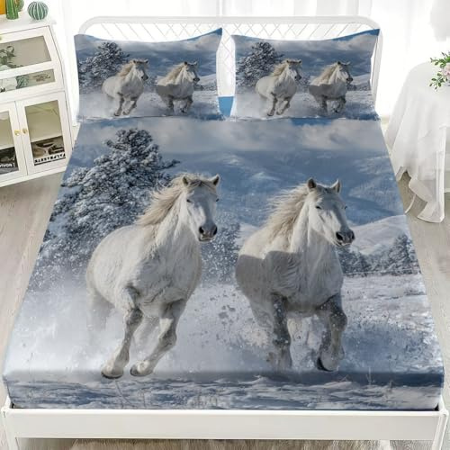 Singolo Set Di Biancheria Da Letto Cavallo Animale Invernale Lenzuolo con Angoli 90x200x30 cm, Antiscivolo Traspirante Lenzuolo Sotto con Angoli Bianco Per Adolescenti e Adulti