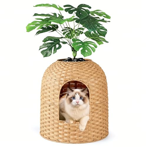 Klippehop kattlåda dold kattlåda blomkruka med växt och spade, handflätad rotting kattlåda med luktkontroll och kolfilter (natur, välvd dörr)