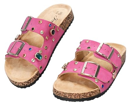 JOMIX Mules Sandalias para Mujer con Perlas Verano Pantuflas de Corcho Chanclas Punta Abierta con Hebilla Ajustable Cómodas Cuero Zapatillas Playa (WCX260158, Fucsia, 38 EU)