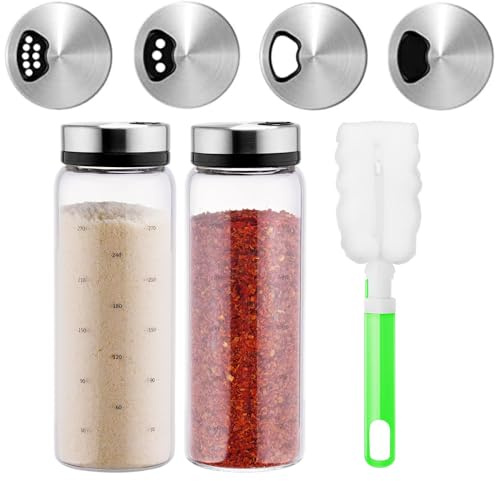 Lot de 2 pots à épices de 300 ml avec insert à saupoudrer + brosse de nettoyage, en verre borosilicate avec 4 trous pour la cuisine, le barbecue, la cuisine, la salière, les épices (pots à épices avec