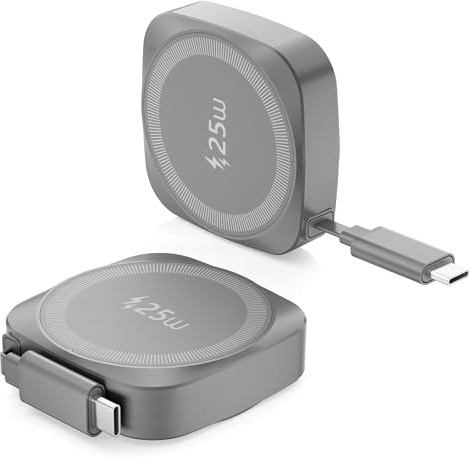 Magnetisk trådlös laddare 25 W med utdragbar usb-c kabel, 70 cm, snabbladdning Qi2.2 för i-Phone 17/16/15/14/13/12, Airpods Pro etc, bärbar induktionsladdare för Samsung Galaxy Pixel, grå