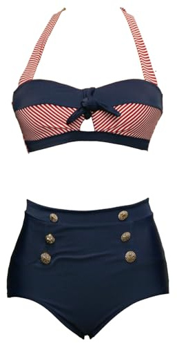 Bslingerie® Femme Dos Nu Taille Haute Maillots de Bain Ensembles Deux pièces (L, Rayé Rouge)
