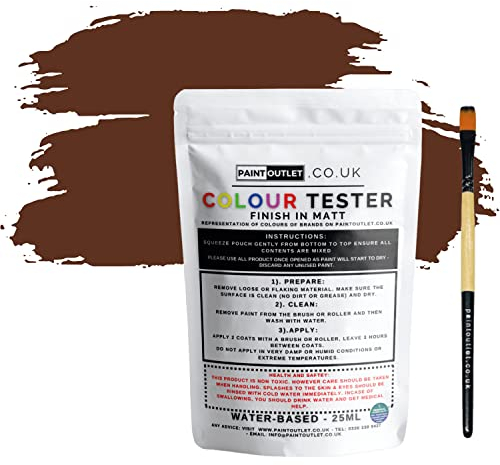 HQC Paint Wall and Ceilings Matt | Sample Colour Tester Pot with Brush | Quick Drying Quality Interior Paint | Contemporary Finish | Leaf Brown Colour 25ml