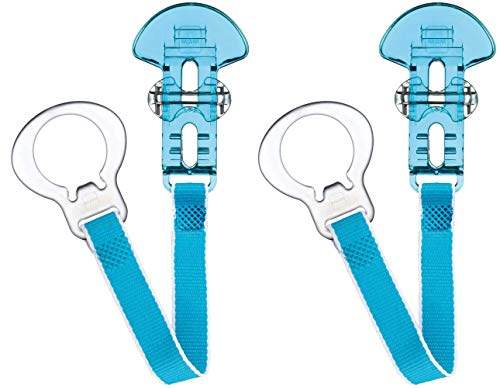 MAM Dummy Clip | 2 Pack | Baby Soother Clips Fit All MAM Soothers | Adjustable Length and Lightweight Design | Baby Accessories | White with Blue Strap | Dummies Not Included
